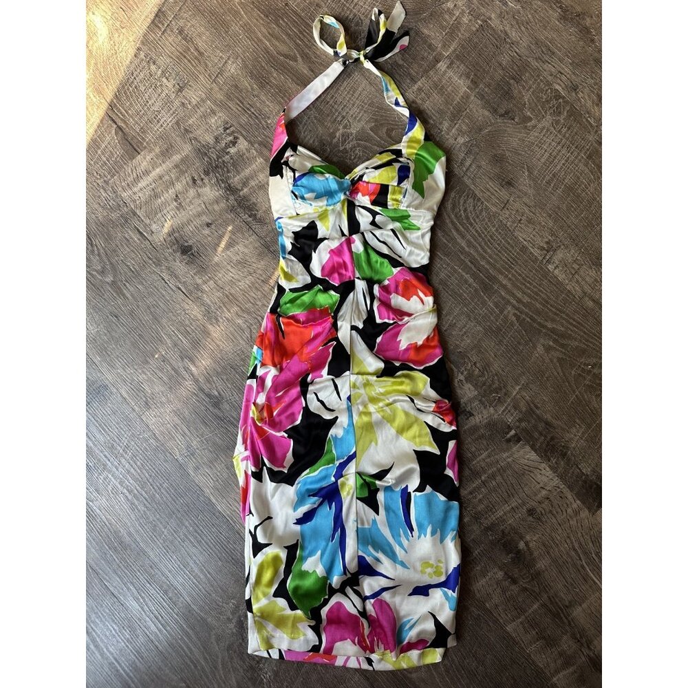 Vintage Cache Size 4 Dress Floral Halter Fitted Stretch Bodycon‎ Party Ruched